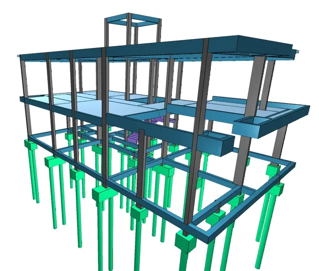 Modelo tridimensional da estrutura de concreto: estacas, pilares, vigas e lajes de dois pavimentos
