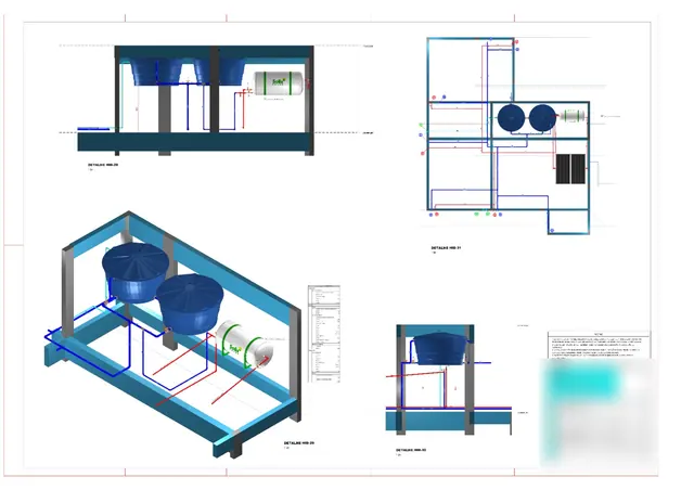 Prancha hidrossanitária com detalhes 3D das caixas d'água, do aquecedor e das prumadas