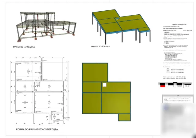 Prancha de projeto estrutural com a planta de formas do pavimento cobertura e imagens 3D das armações