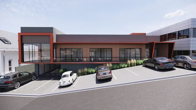 Render de edifício comercial de dois pavimentos com estacionamento na frente