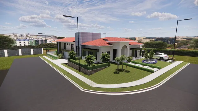 Render de residência de esquina com telhado colonial, jardim com palmeiras e muro de pedra
