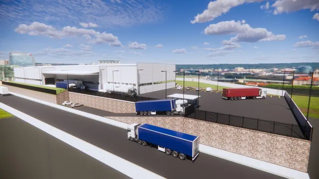 Render de galpão industrial com pátio de manobras, docas de carga e carretas estacionadas