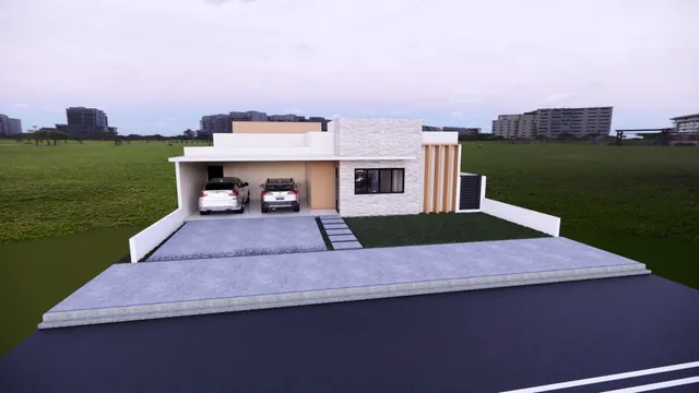 Render de casa térrea ao entardecer, com garagem para dois carros e revestimento em pedra