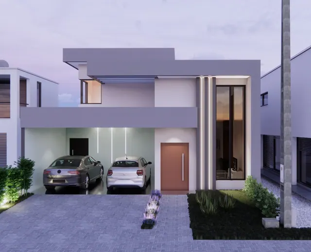Render noturno de sobrado geminado com iluminação embutida na garagem