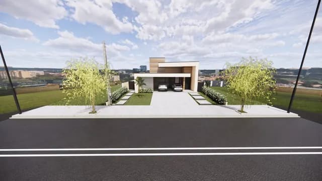 Render de residência térrea vista da rua, com jardim e árvores na calçada