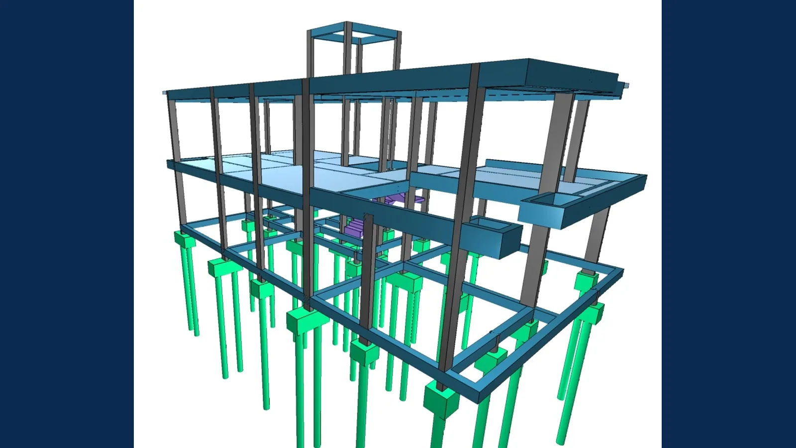Modelo 3D da estrutura de concreto: estacas, pilares, vigas e lajes