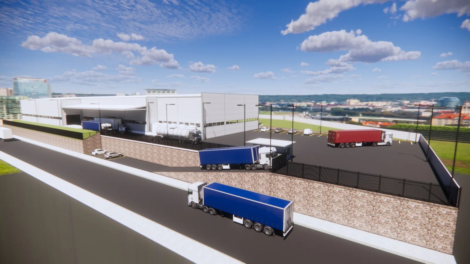 Render de galpão industrial com pátio de manobras e docas de carga