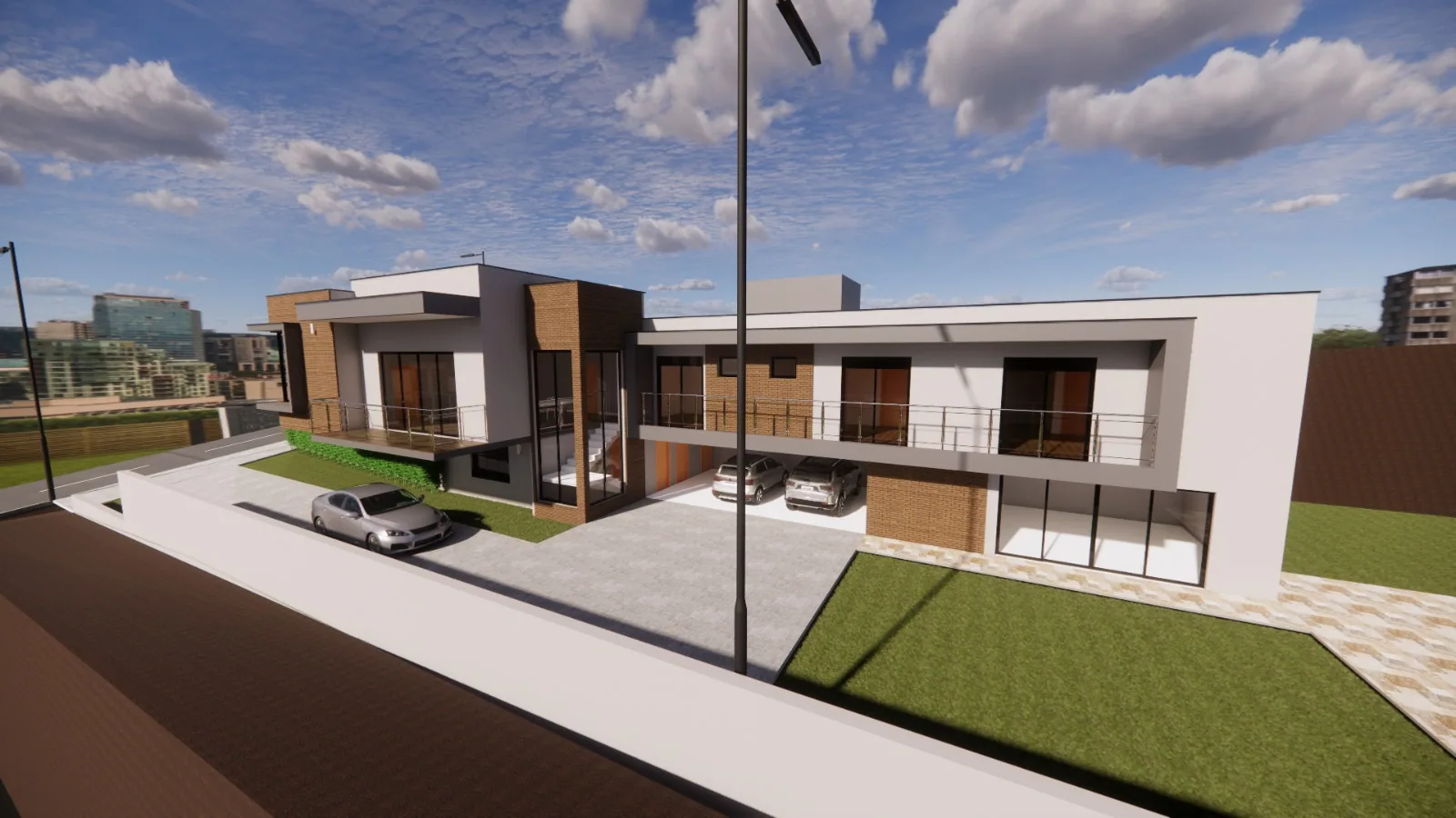 Render de sobrado moderno com fachada em tijolo aparente