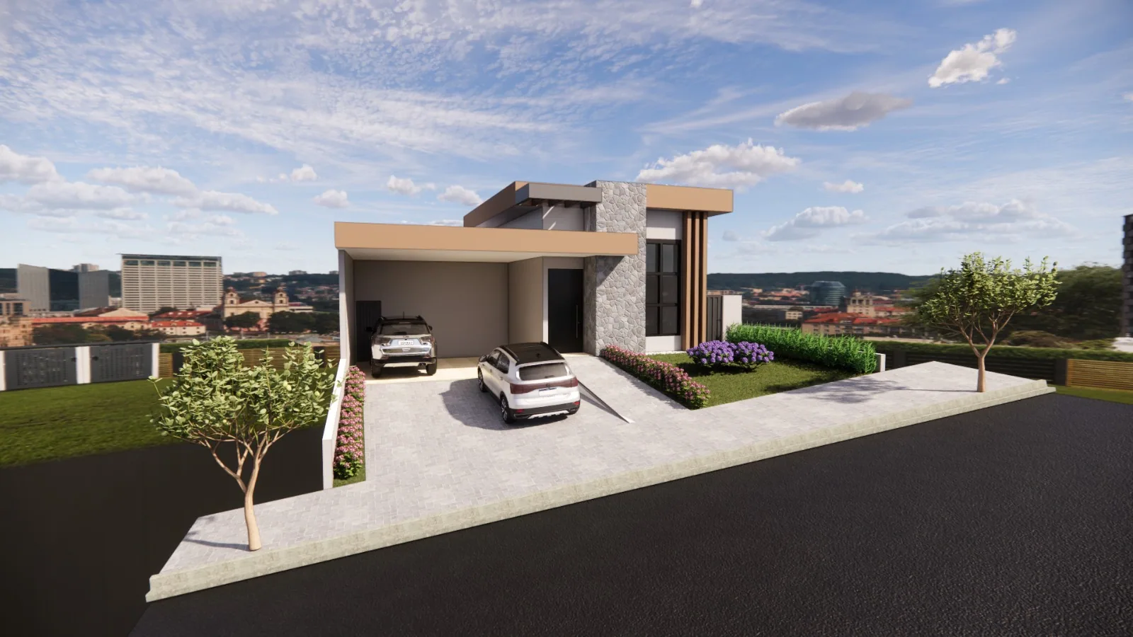 Render de residência térrea com revestimento em pedra